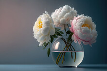 Fresh Bouquet Of Tender White Pink Peonies Flowers In The Glass Vase On White Table With Blue Background. Generative AI