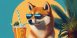 Shiba Inu wearing sunglasses by the pool with a fruity drink sitting under a palm tree