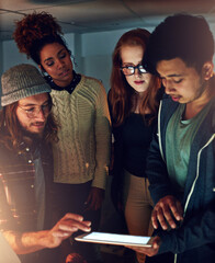 Aufkleber - Teamwork collaboration, tablet and night students work on university app database, problem solving or IT college research. Education learning, school study and diversity people review online software