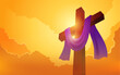 Wooden cross with purple sash on clouds background