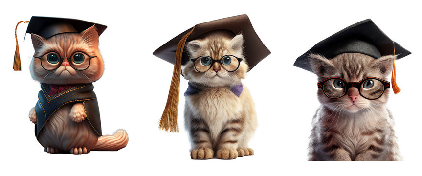 set of cute cats smiling and wear graduates hat isolated on white background, image ai generate