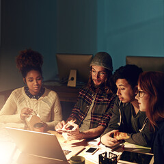 Wall Mural - College teamwork, laptop and night students working on web search for university research, digital IT database or project. Education learning, school study or diversity people review of online report