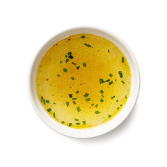 Wall Mural - Chicken broth, stock or bouillon with vegetables isolated on white background, top view
