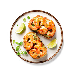 Wall Mural - Toast or sandwich with Grilled fresh Spicy Prawns Shrimps with mashed avocado and lime slices. isolated on white background . top view