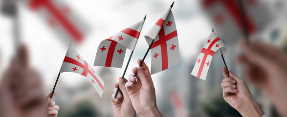 Wall Mural - A group of people holding small flags of the Georgia in their hands