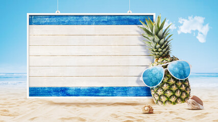 Wall Mural - Cool pineapple and wooden sign at the beach