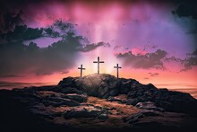 Three Crosses Atop Rocky Hill, Dramatic Sky Of Pink & Purple Clouds. Easter & Good Friday Symbol. Photo Generative AI