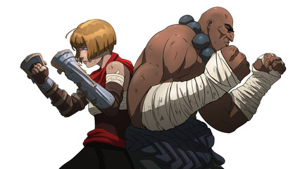 Two fighters, a cute girl in brass knuckles and a giant brutal man in bandages, they are comrades in arms standing back to back preparing to fight and cover each other. 2d anime art