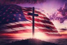 USA Flag With Easter Cross In Dramatic Sunset Sky For Good Friday. Photo Generative AI