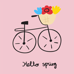 Wall Mural - Bicycle with flowers. Hello spring. Vector hand drawn illustration on pink background.