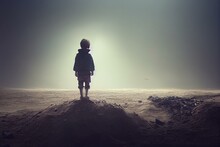 Sad Kid Standing Alone In Sandbox, Concept Of Loneliness And Isolation, Created With Generative AI Technology