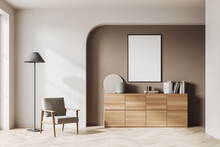 Light Relax Room Interior With Armchair And Dresser With Decor, Mockup Frame