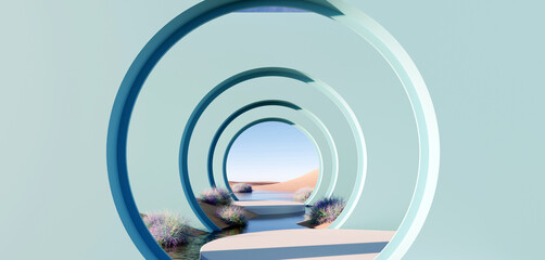 Wall Mural - 3d render surreal pastel landscape background with geometric shapes, abstract fantastic desert dune 