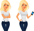 cute cartoon character of a young blonde woman in jeans, standing with her arms crossed or holding a cell phone