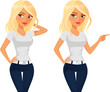 cute cartoon character of a young blonde woman in jeans, pointing finger