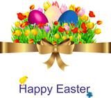 Fototapeta  - easter composition with lettering, easter eggs and colorful flowers
