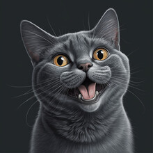 Portrait Of A Cheerful Grey Haired Cat Looking At Camera. Generated By AI