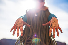 Taped Up Hands Of A Woman Rock Climbing In Indian Creek, Utah
