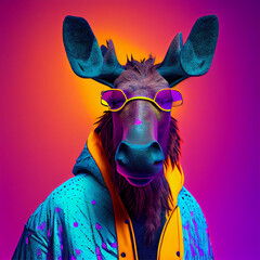 realistic lifelike moose in fluorescent electric highlighters ultra-bright neon outfits, commercial,