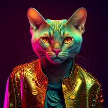 Realistic Lifelike Cat Kitty Kitten In Fluorescent Electric Highlighters Ultra-bright Neon Outfits, Commercial, Editorial Advertisement, Surreal Surrealism. 80s Era Comeback	
