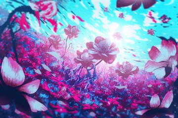 Wall Mural - Fantasy glowing pink and blue blue flowers background. Generative AI fairy tale landscape illustration