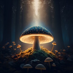 Magical mashroom in fantasy enchanted fairy tale forest with lots of brighness and lighting. Trippy mashroom psychodelic. Generative Ai