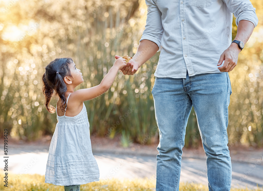 Leaf, autumn and girl with her father in a park with love, relax and ...