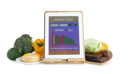 Wall Mural - Tablet with weight loss calculator application and food products on white background