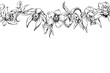 Hand drawn vector ink orchid flowers and branches, monochrome, detailed outline. Horizontal seamless banner. Isolated on white background. Design for wall art, wedding, print, tattoo, cover, card.
