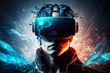 The future is virtual experience technology. Person wearing virtual reality glasses on a futuristic background in cyberspace. AI generated illustration.