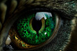 A close up of a green cats eye in the dark. Generative AI