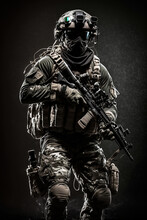 Army Soldier In Full Combat Uniforms With Assault Rifle, Plate Carrier And Combat Helmet .Studio Shot, Dark Background Created With Generative AI