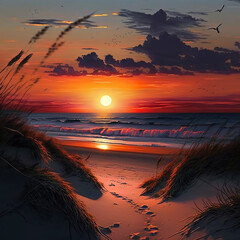 Wall Mural - illustration of warm sunset views on the beach. generative ai.