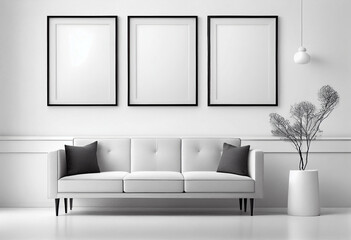Wall Mural - Mock up of three wall art canvas. Sofa, lamp, plant on table in room interior. AI Generated