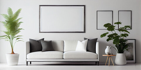 Wall Mural - Mock up of three wall art canvas. Sofa, lamp, plant on table in room interior. AI Generated