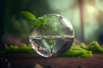 Wall Mural - World environment and earth day concept with glass globe and eco friendly enviroment. Generative Ai