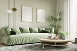 Fototapeta Panele - Green sofa in modern living room. Contemporary interior design of room with mint wall and coffee table. Home interior with posters. 3d rendering
