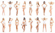 © Acronym - Young, fit, happy and beautiful blond woman in white swimsuit isolated on white background - set collection. Healthcare, diet, sport and fitness.