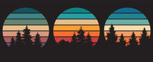 70s Style Striped Sunsets Retro Background Set Collection. Abstract Sunrise Logos With Forest Landscape. Vector Illustration