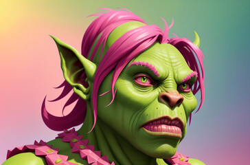 a green troll with pink hair and a pink dress on a purple background with a pink background. Generative AI.