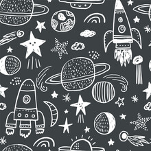 Seamless Cosmic Pattern With Hand Drawn Space Elements. Monochrome Childish Universe Texture. Vector Illustration