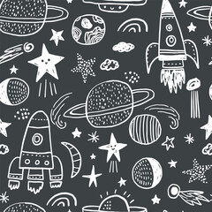 Seamless cosmic pattern with hand drawn space elements. Monochrome childish universe texture. Vector illustration