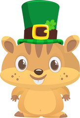 Cartoon happy hamster character wearing st patrick's hat with a clover. Vector illustration for Saint Patrick's Day. Party poster design.