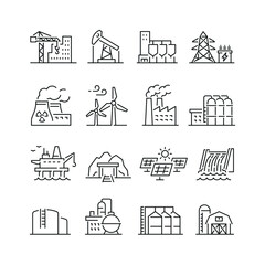 industrial buildings related icons: thin vector icon set, black and white kit