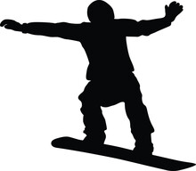 Snowboarder Jump And Flight Snowboarding Competition, Side View, Balancing With His Hands, Black Silhouette Sports Vector Illustration On White Background