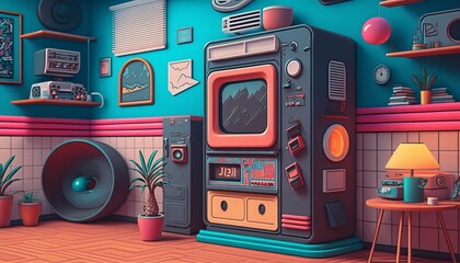 90s style detalied, retro design room background. AI.