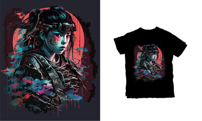 Wall Mural - Retrowave Japanese Ninja Geisha Samurai 02 Tshirt