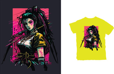 Wall Mural - Retrowave Japanese Ninja Geisha Samurai Tshirt