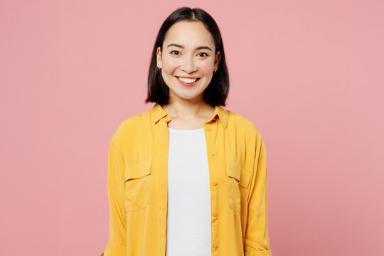 young smiling happy fun cool cheerful student woman of asian ethnicity wear yellow shirt white t-shi