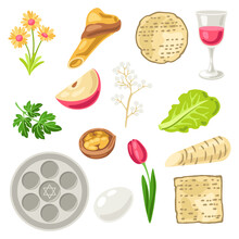 Set Of Happy Pesach Jewish Passover Plate Objects. Holiday Celebration Traditional Symbols.